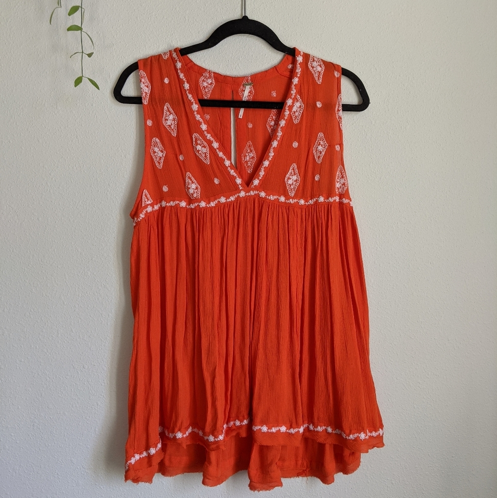 Free People Orange/Red Embroidered Tunic